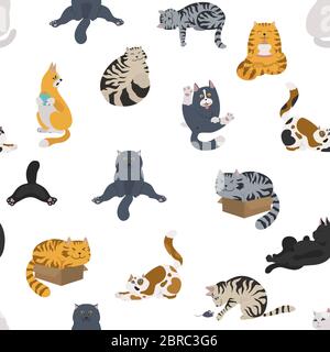 Cartoon cat characters seamless pattern. Different cat`s poses, yoga and emotions set. Flat color simple style design. Vector illustration Stock Vector